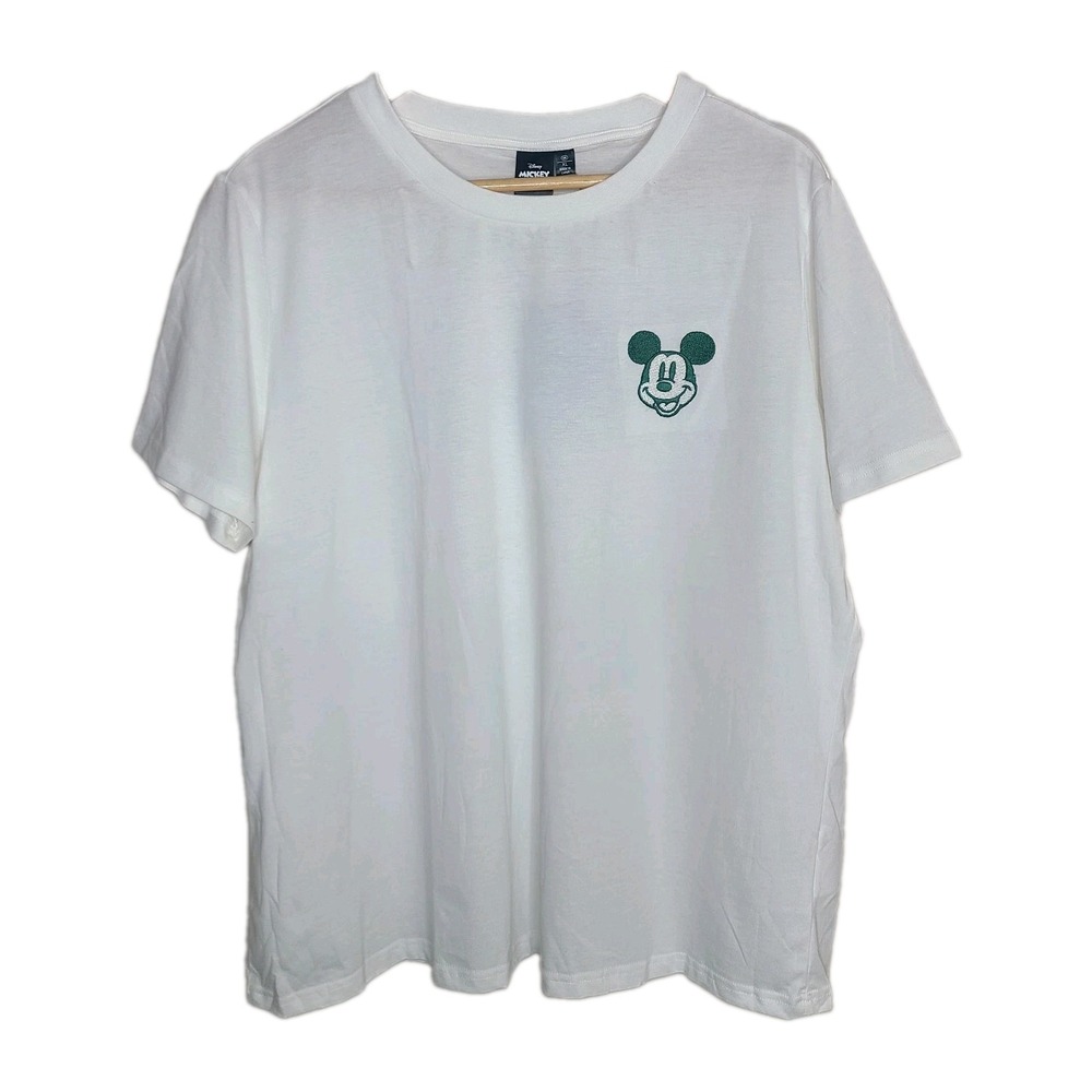 Disney Mickey Mouse White Green Embroidered Preppy Minimalist Tee XL NWT